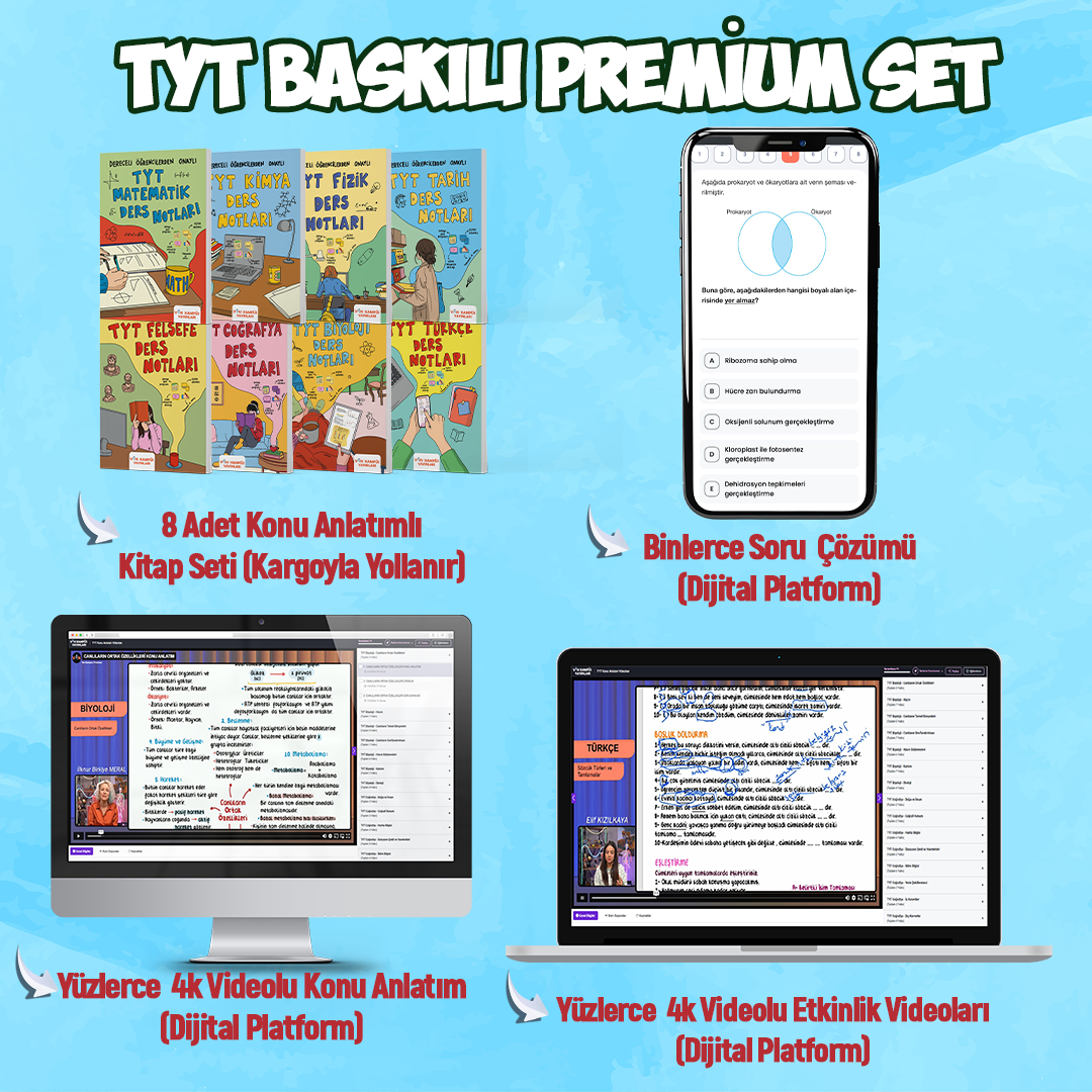 TYT PREMİUM Baskılı Set Detaylı Konu Anlatım+ Bİnlerce Soru +Ders Notları + Rehberlik